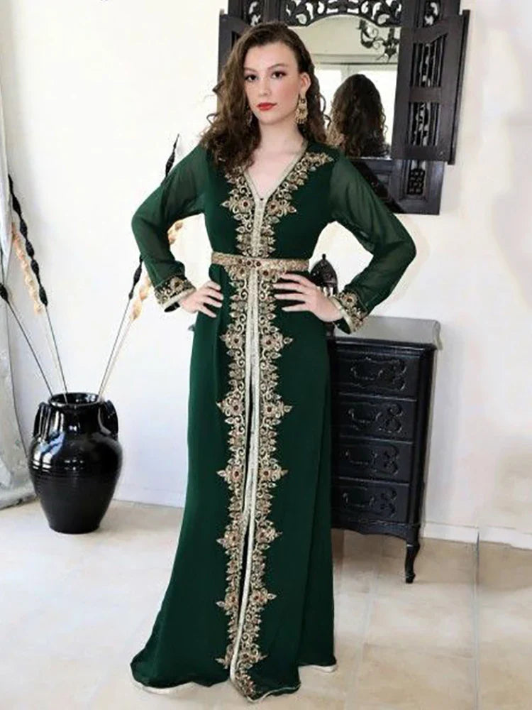 Dark Green Moroccan caftan Evening Dresse Long Sleevees Party Gowns Appliqued Lace Muslim Special Occasion Dress dark green