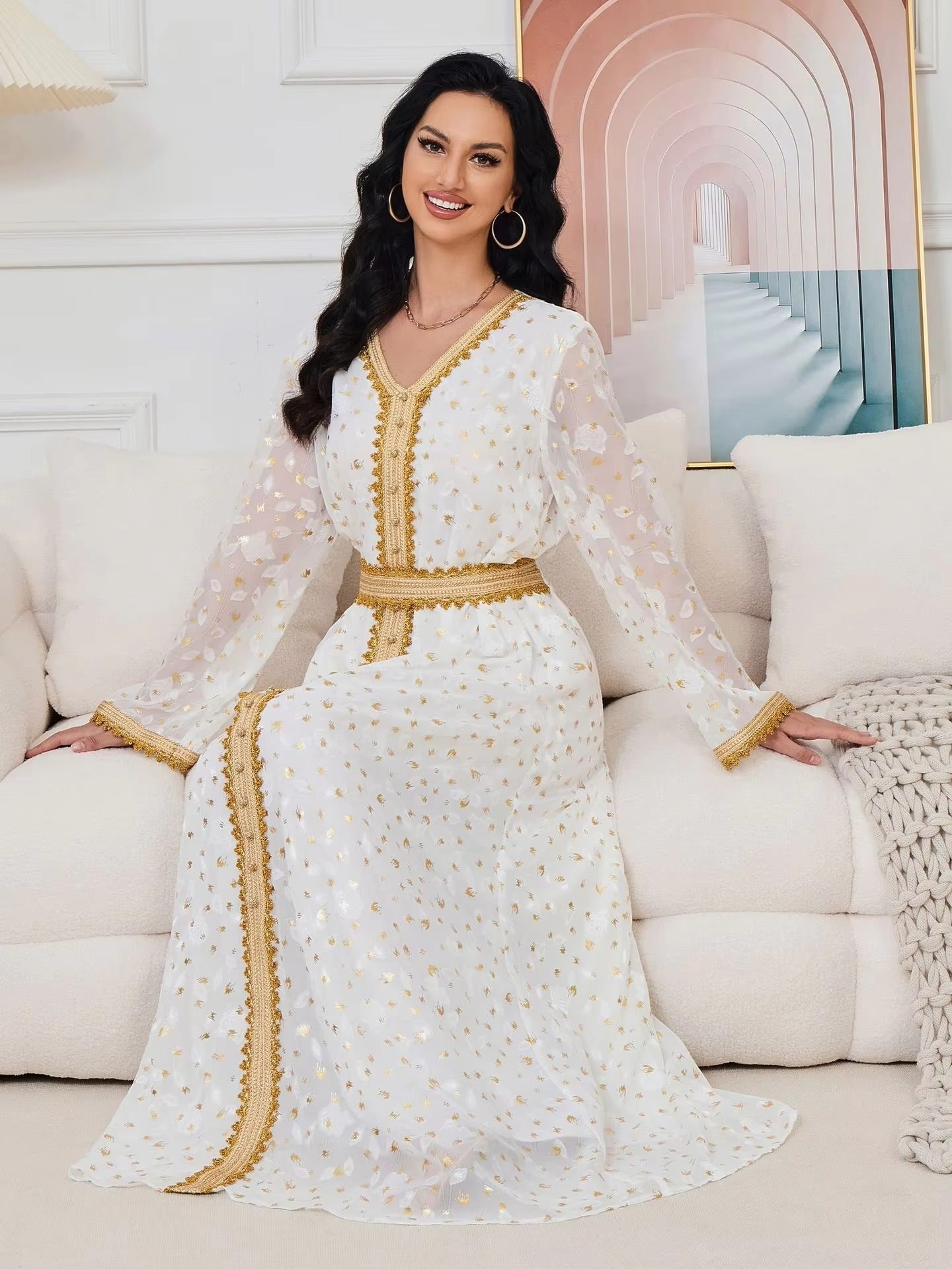 Gold Stamping Evening Party White Mesh Floral Long Sleeve V-Neck Dress With Sashes Moroccan Islamic Dubai Women Kaftan