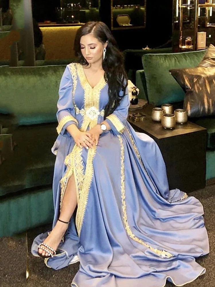 Satin Moroccan caftan Evening Dresses V Neck Lace Mother Dress Arabic Muslim Special Occasion Dresses Party Gowns Picture color