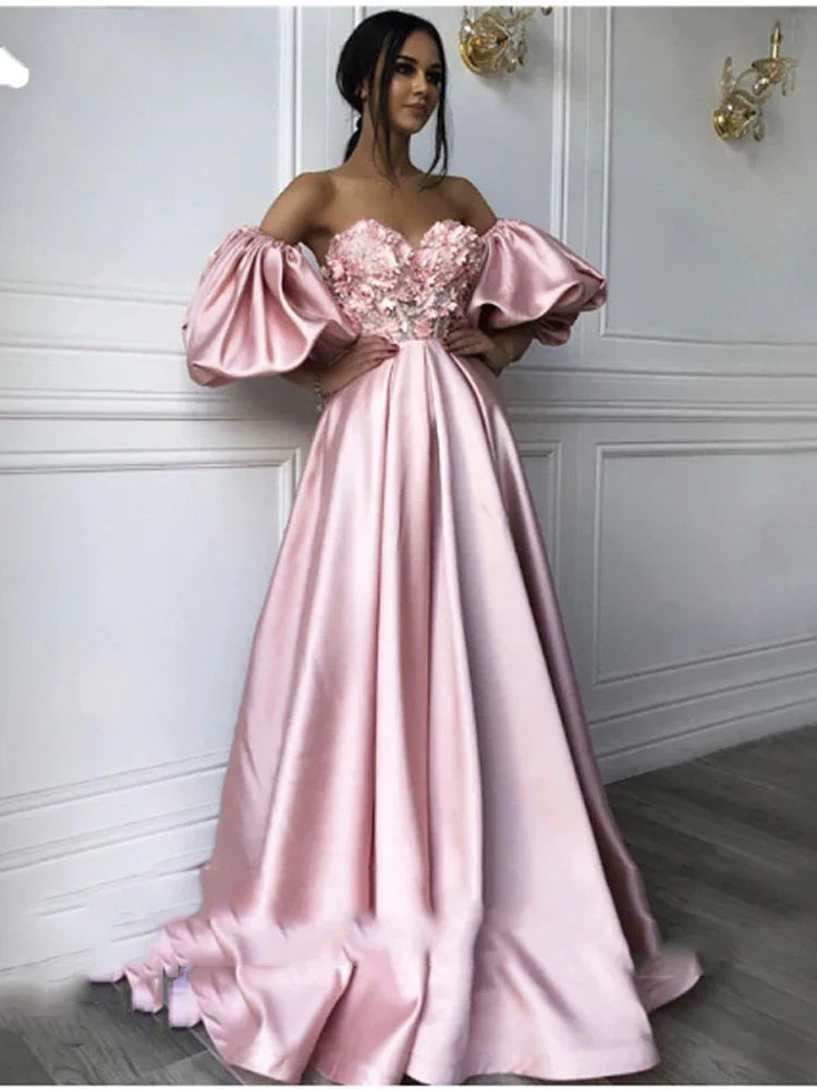 Pink Sweetheart Neck caftan Evening Dresses Flowers Full Sleeve Arabic Special Occasion Dresses Evening Party Gowns Pink