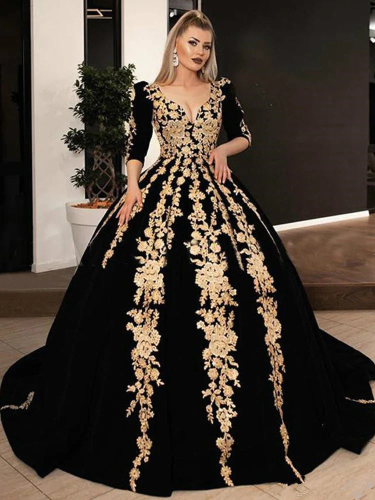 Black Velvet Formal Evening Dresses Plus Size V-neck Half Sleeve Sparkly Gold Lace Applique Kaftan Caftan Arabic Prom Gowns