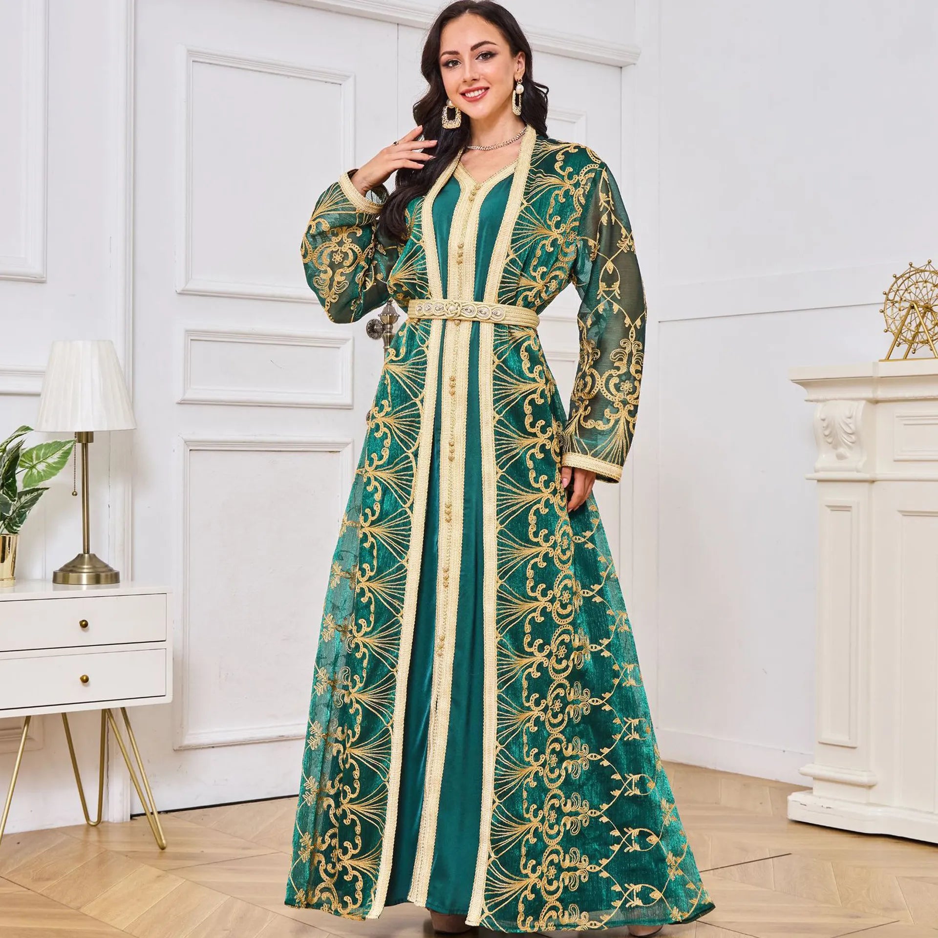 Moroccan Abaya Woman Muslim Dubai Luxury Mesh Belt Embroidery Kaftans 2 Piece Suit Islamic Long Dresses