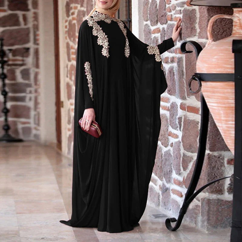 Abaya Dubai Kaftan Muslim Women Batwing Sleeve Dress Arab Robe Farasha Gowns Morocco Maxi Cocktail Gown Turkish Gowns Ramadan 01 Black