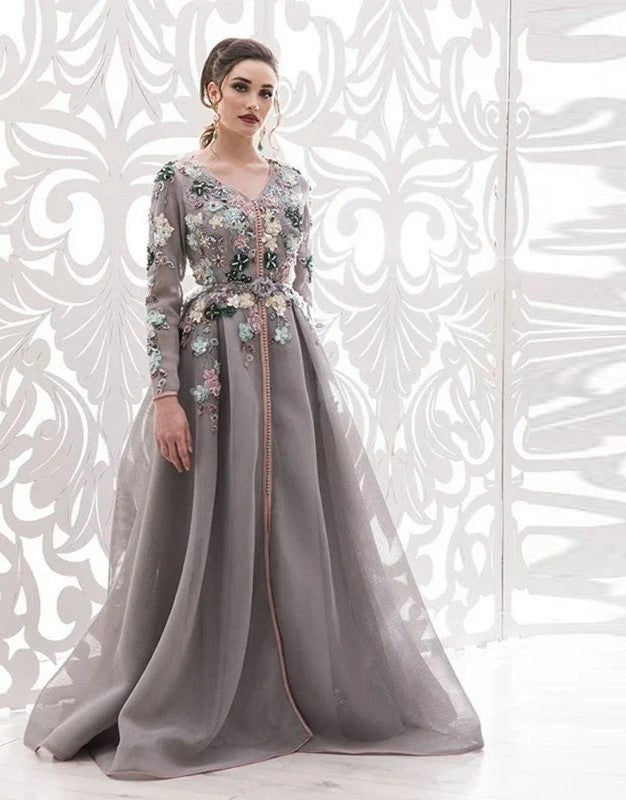 Long Evening Dresses Charming 3D Flowers Dubai Moroccan Kaftan Vestido De Fiesta De Boda Formal Robes De Soirée