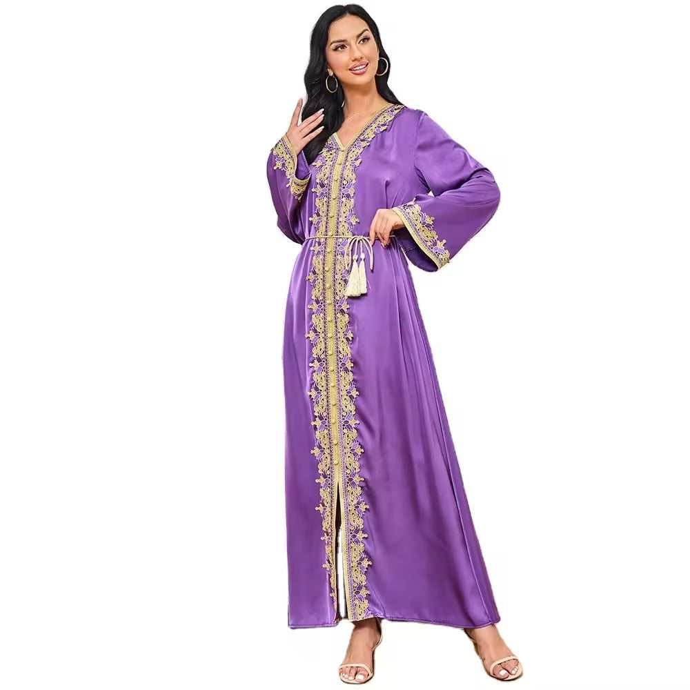 Abayah For Women 2023 Dubai Chic Solid Full Sleeve V-Neck Belted Clothing Elegant Casual Moroccan Long Dress