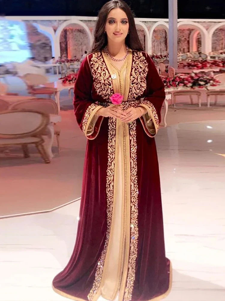 Moroccan Kaftan Evening Gowns Burgundy Full Sleeve Prom Party Dresses Appliques Lace Formal Dubai Muslim Algerian Outfit Burgundy