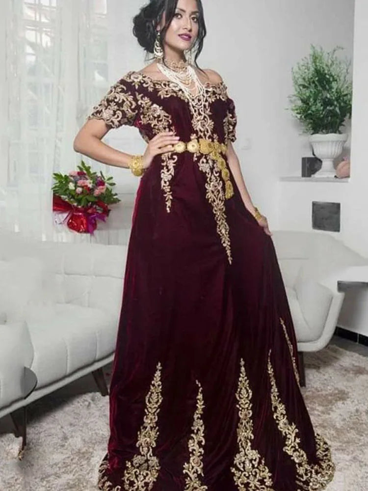 Velvet Caftan Formal Evening Gowns Short Sleeve A Line Gold Lace Special Occasion Dress Vestido de fiesta Prom Gowns