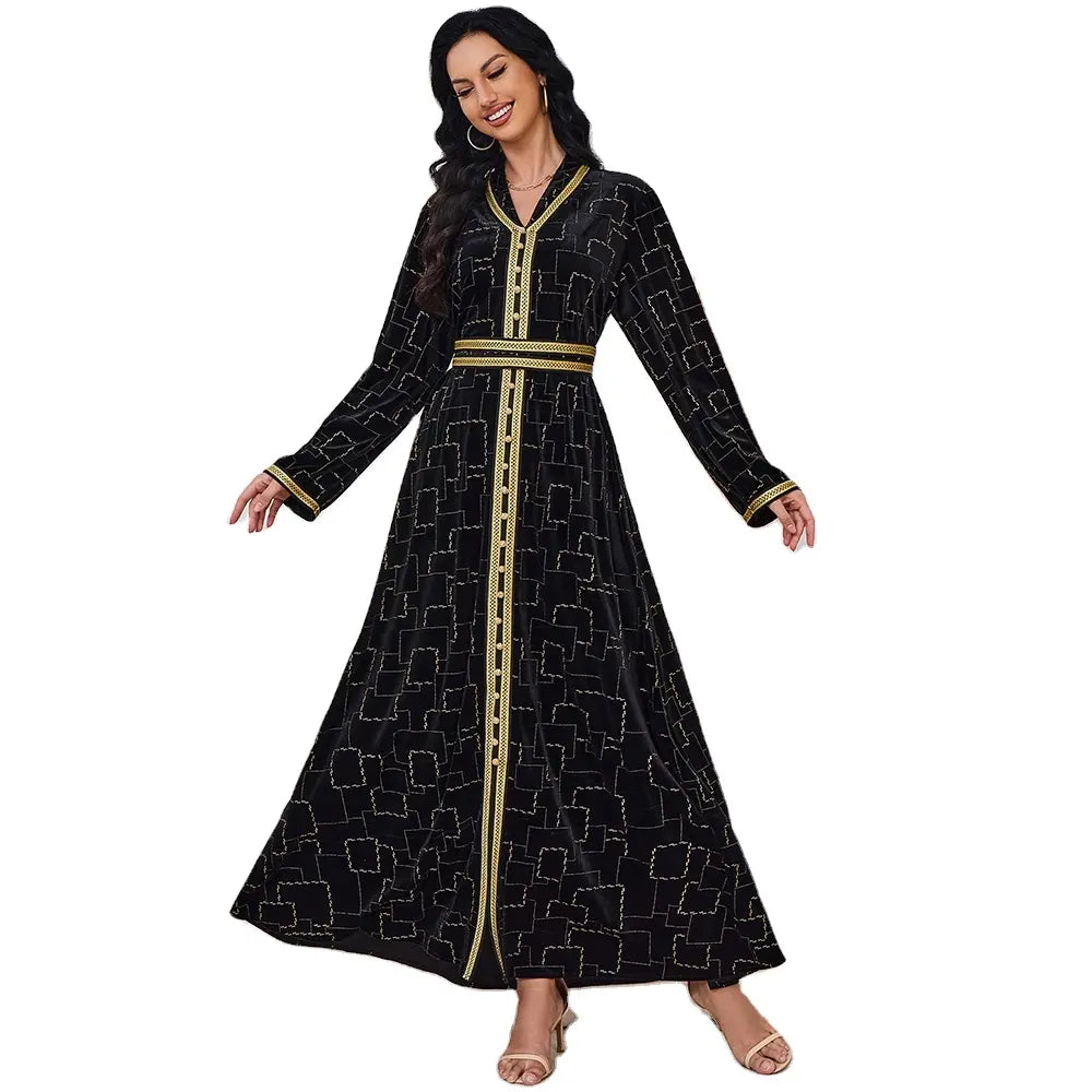 Autumn Winter Velvet Black Long Dress Gold Stamping Long Sleeve V Collar Belted Abaya Jalabiyat Moroccan Dubai Kaftan