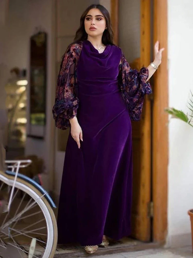 Purple Caftan Evening Dresses Printing Puff Sleeve Mother Prom Dress Velvet Formal Party Gowns PURPLE