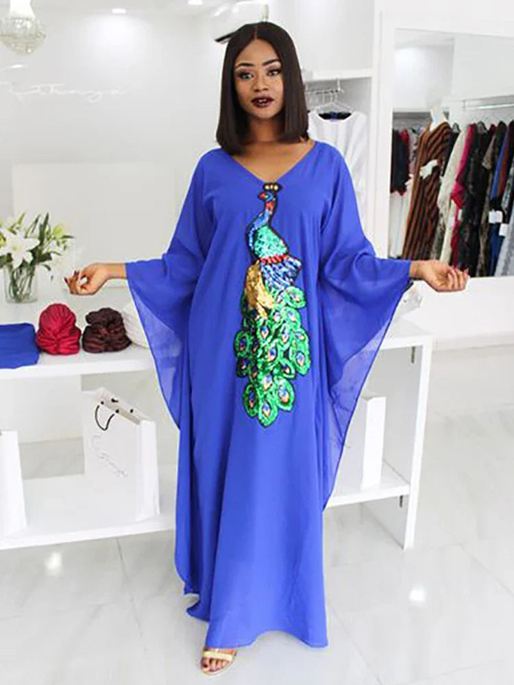 Pakistan Royal Blue Chiffon Formal Evening Dresses Sexy V Neck Peacock Pattern Saudi Arabia Caftan Evening Party Gowns royal Blue