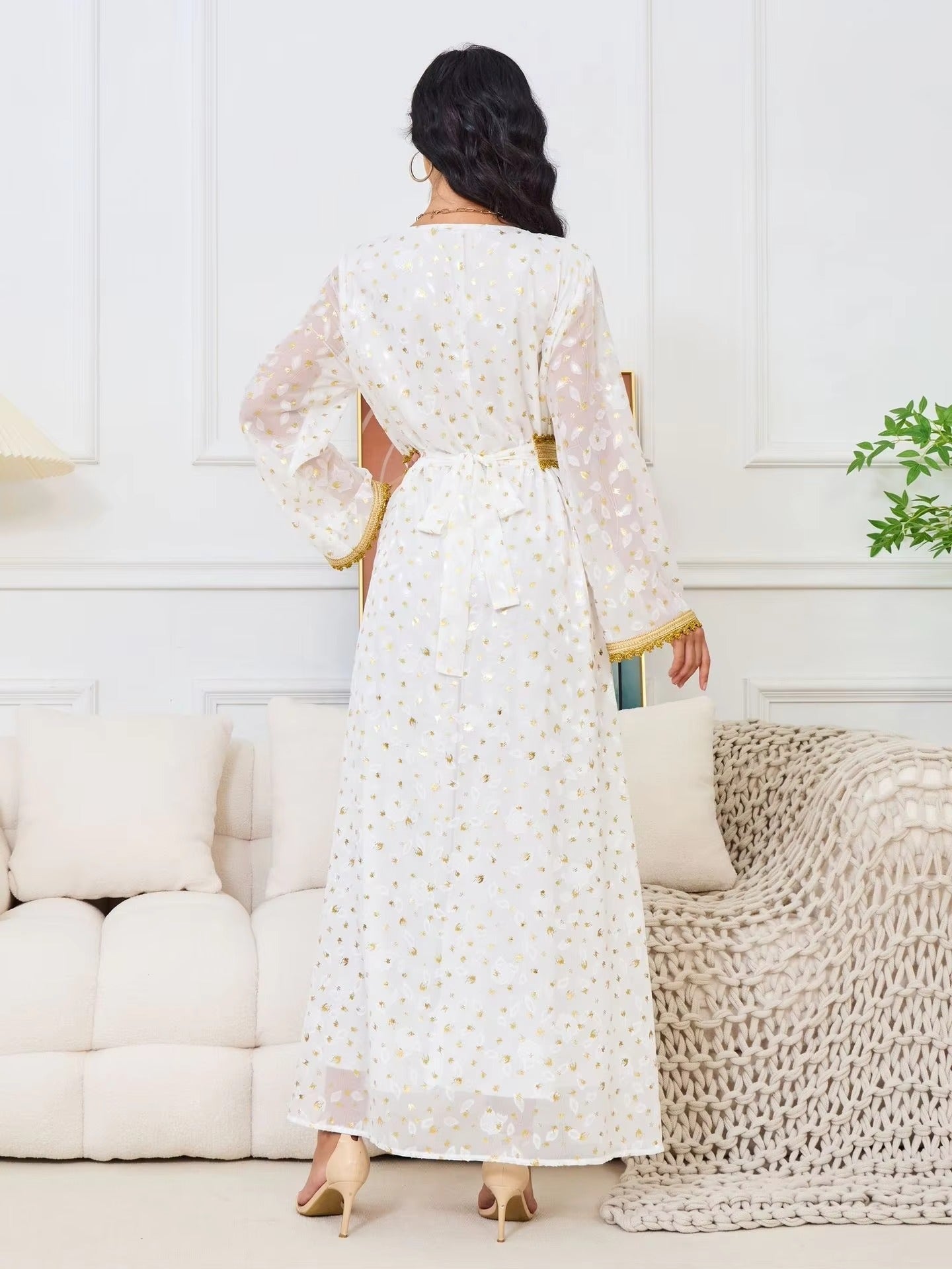 Gold Stamping Evening Party White Mesh Floral Long Sleeve V-Neck Dress With Sashes Moroccan Islamic Dubai Women Kaftan