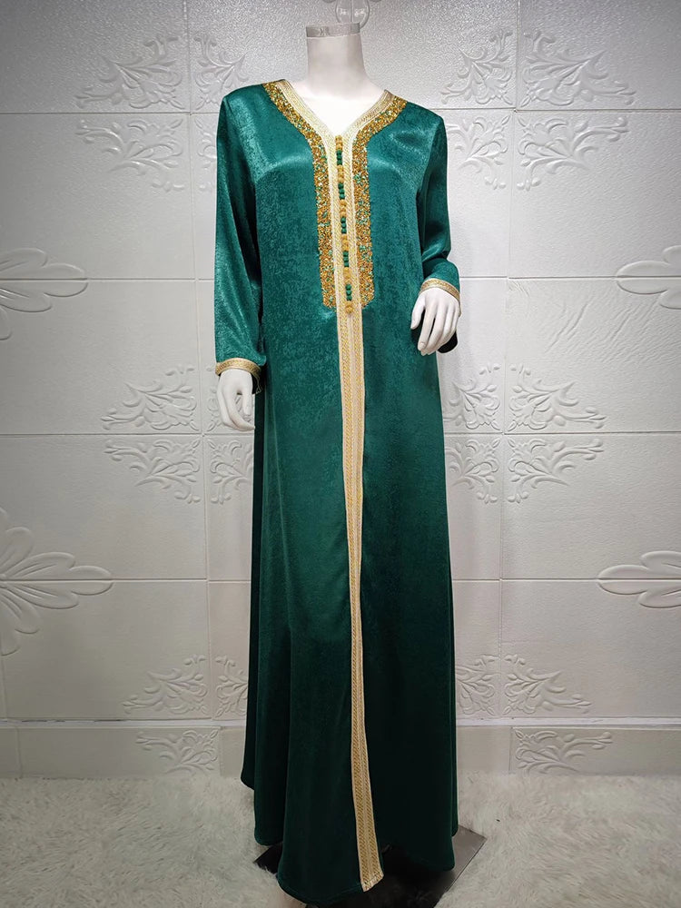 Ramadan Eid Pink Maxi Dress For Women Modest Muslim Turkey Arabic Dubai Diamond Ribbon V Neck Long Sleeve Jalabiya 2021 green dress