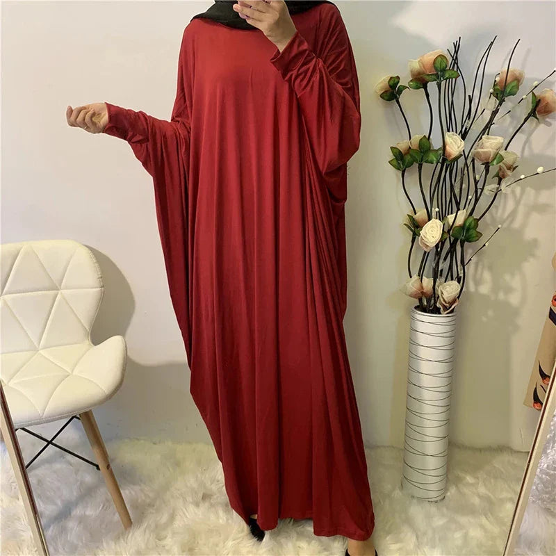 Ramadan Plain Abaya Prayer Long Dress Muslim Women Batwing Sleeve Free Size Hijab Robe Jilbab Islamic Dubai Saudi Modest Kaftan red abaya One Size