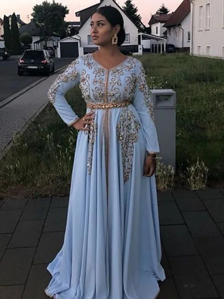 Blue Moroccan caftan Evening Dresses V Neck Crystal Algeria Arabic Muslim Special Occasion Dresses Party Gowns sky Blue