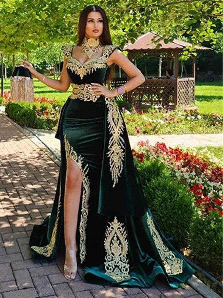 Dark Green Moroccan Kaftan Evening Dress Mermaid Formal Dubai Formal Lace Celebrity Dresses Plus Size Sexy High Split