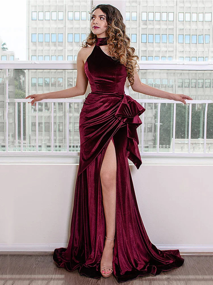 Sexy Velvet Mermaid Evening Dresses Halter Neck Side Split Formal Party Gowns Caftan Arabic Prom Gowns Custom Made Burgundy