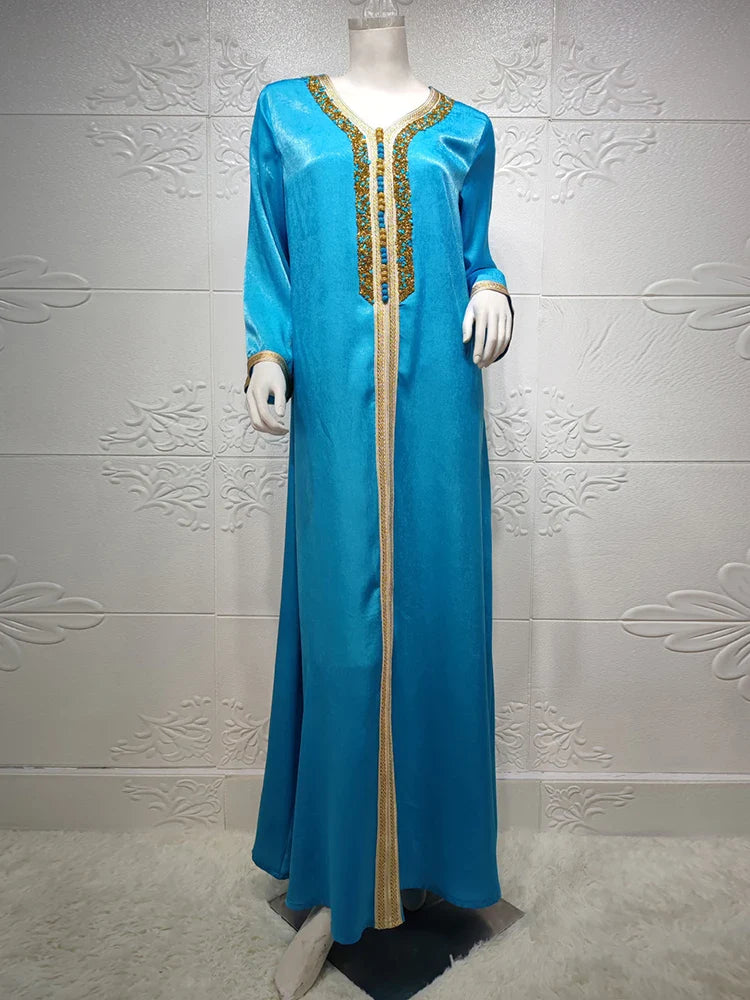 Ramadan Eid Pink Maxi Dress For Women Modest Muslim Turkey Arabic Dubai Diamond Ribbon V Neck Long Sleeve Jalabiya 2021 blue dress