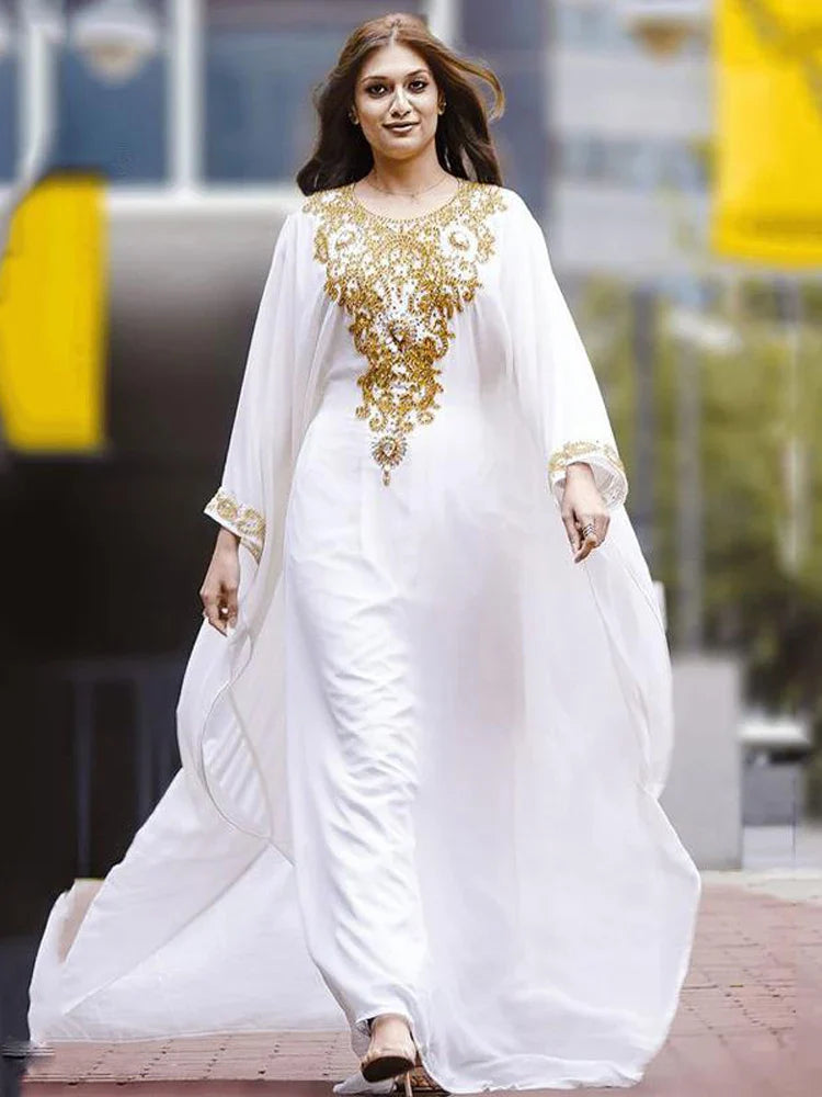 White Chiffon Muslim Evening Dresses Gold Sequined Beaded Dubai Moroccan Kaftan Gowns Women Abaya Formal Prom Party Dress WHITE