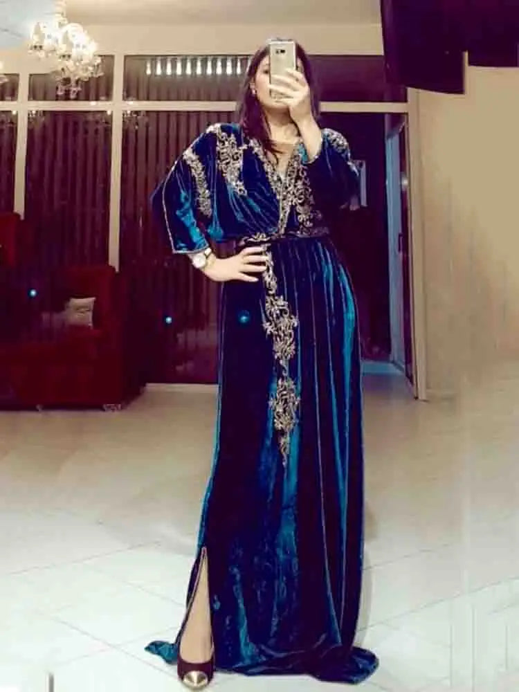 Blue Moroccan Caftan Formal Evening Dresses Bat Sleeve Muslim Party Dress V Neck Dubai Special Occasion Gowns