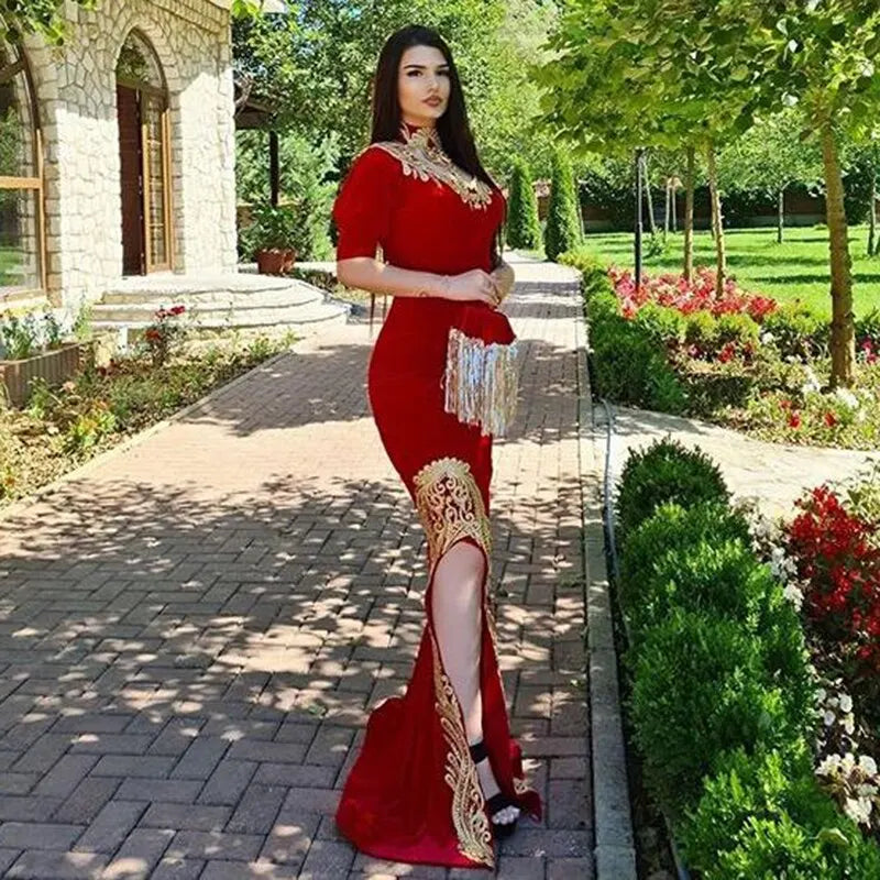 Red Moroccan Kaftan Evening Dress Mermaid Formal Dubai Lace Appliques Prom Celebrity Gowns with Remove Skirt High Split