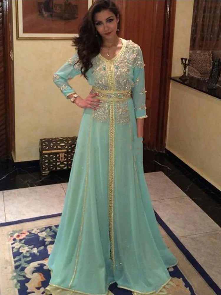 Moroccan caftan Evening Dresses Gold Lace Appliques Mint Green Arabic Muslim Special Occasion Dress Evening Party Gowns Mint green