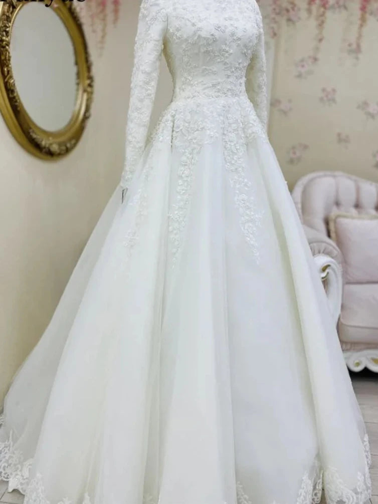 Long Sleeves Muslim Wedding Dresses Robe De Mariage Elegant Dubai Islamic Wedding Gowns Tulle White Lace Bride Dress