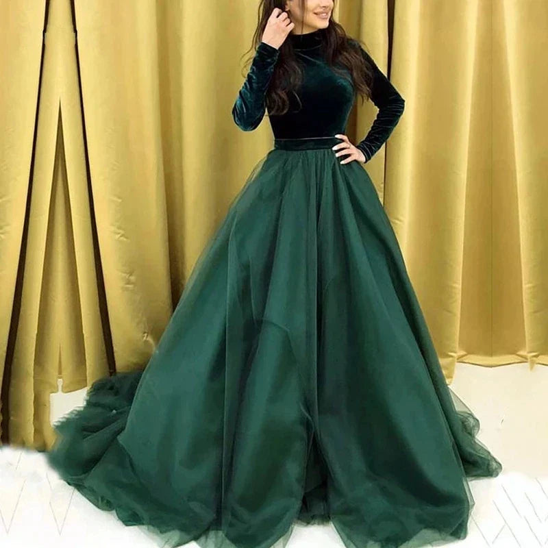 Muslim Evening Dress High Neck Long Sleeve Velvet A-Line Long Formal Dubai Arabic Kaftan Prom Party Dress Gowns Green