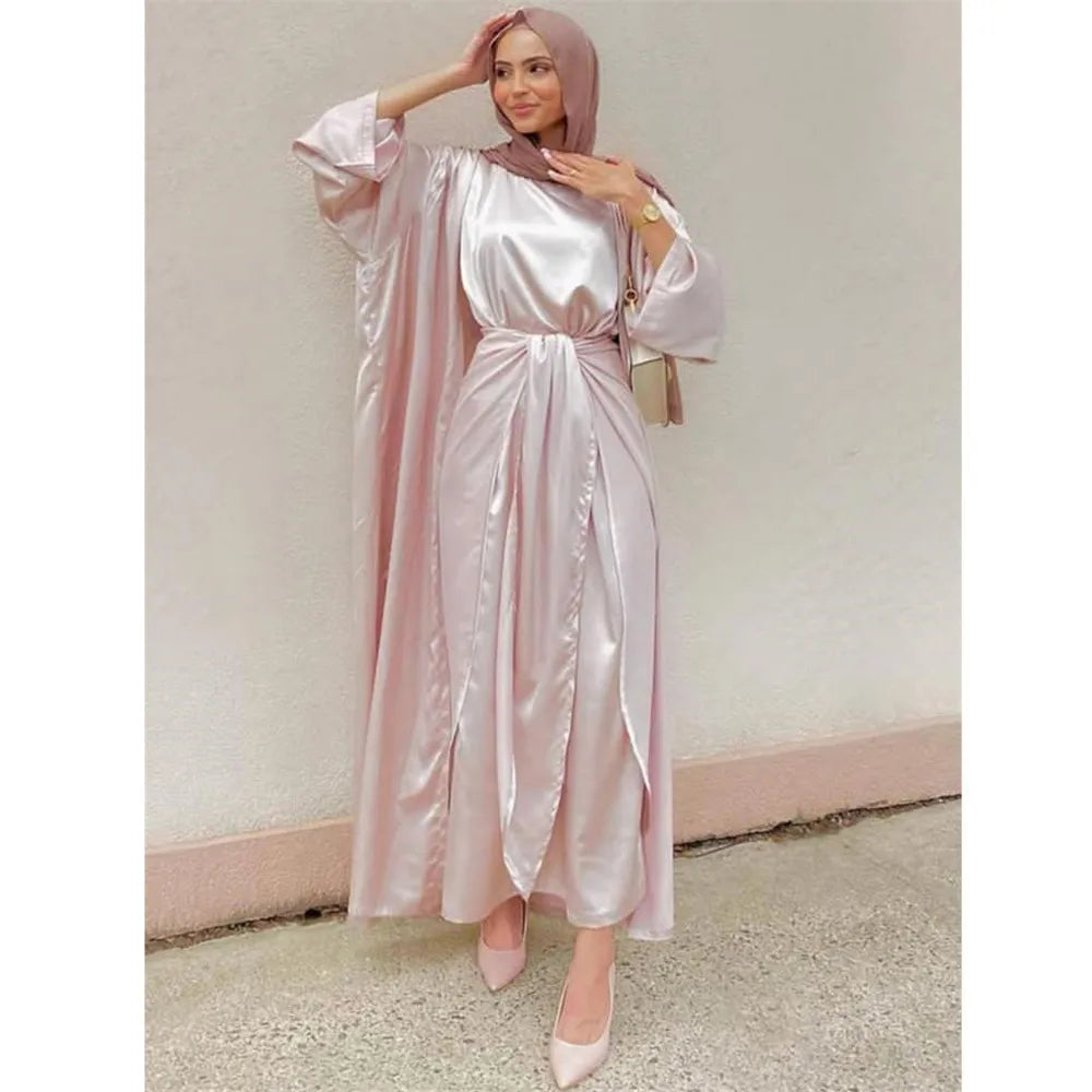 Muslim Women Open Abaya Satin 3/4 Piece Suits Arabic Turkish Party Evening Outfits Kimono+Wrap+Dress Set Islamic Caftan Vestidos Pink Without Scarf