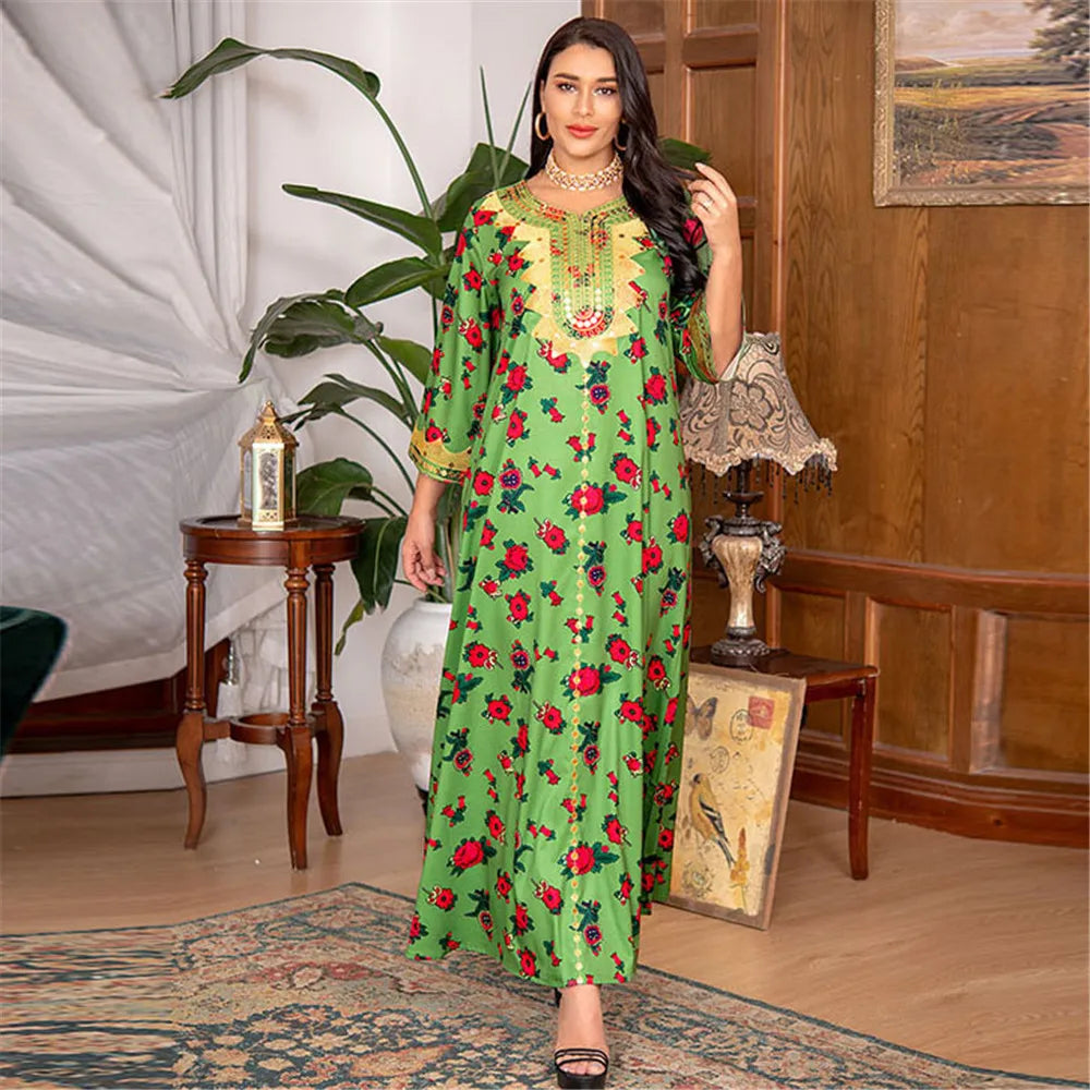 Moroccan Muslim Abaya Floral Print Women Long Maxi Dress Turkey Arab Dubai Eid Party Femme Ramadan Kaftan Jalabiya Vestidos Gown