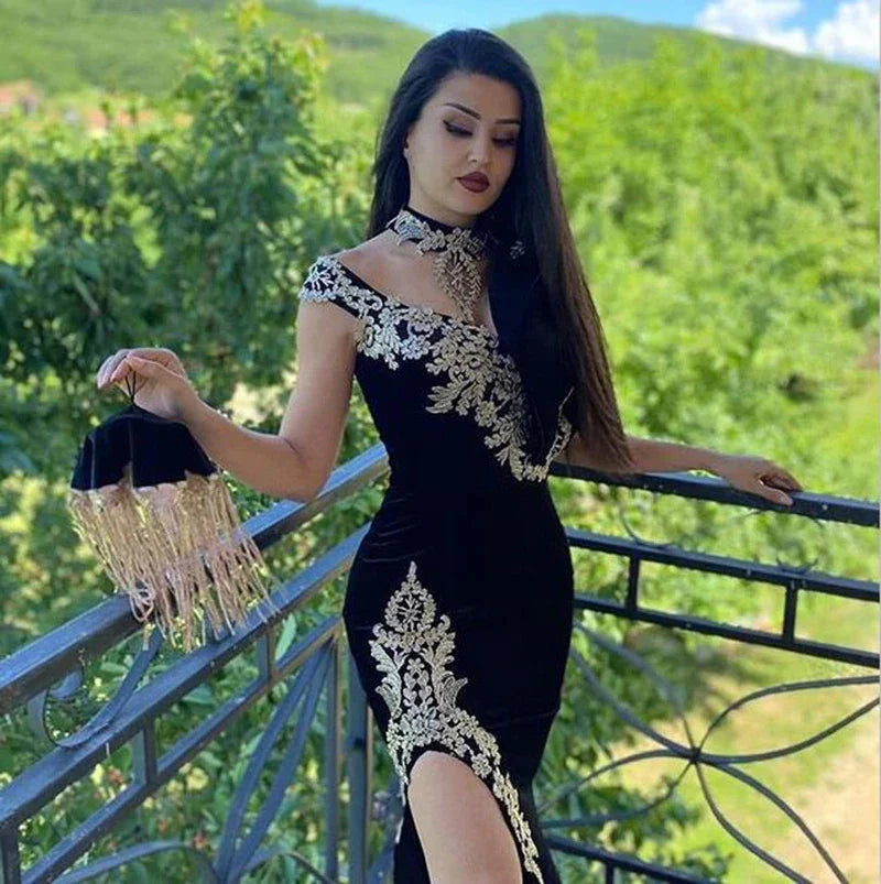 Elegant Moroccan Kaftan Evening Gowns Black Algerian Outfit Party Dress Appliques Lace Velvet Dubai Gown Detachable Train