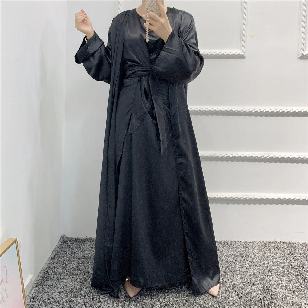 Muslim Women Open Abaya Satin 3/4 Piece Suits Arabic Turkish Party Evening Outfits Kimono+Wrap+Dress Set Islamic Caftan Vestidos Black Without Scarf