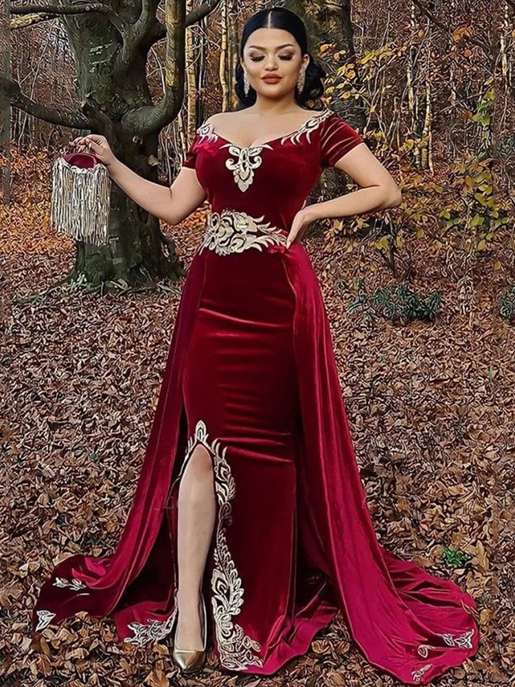 Burgundy Velvet Mermaid Morocco Caftan Evening Dress Sexy V Neck Outfit Prom Dresses Split Formal Evening Party Dress Burgundy