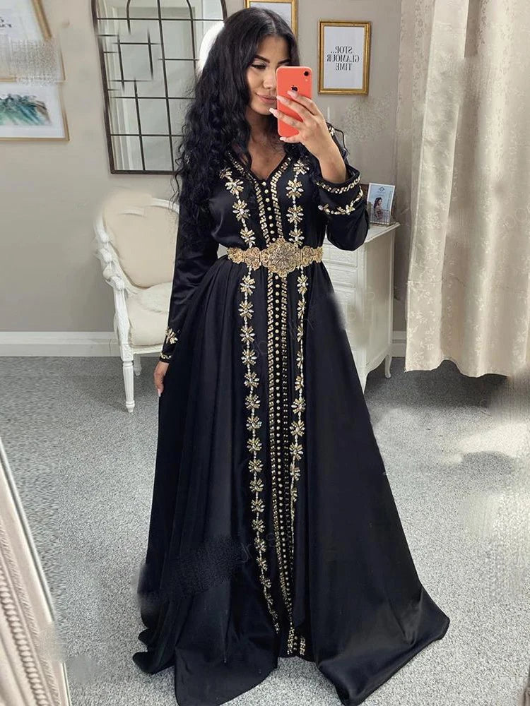 Black Moroccan Kaftan Evening Dresses Formal Appliques Beading Long Muslim Full Sleeve Arabic Prom Party Gowns for Women