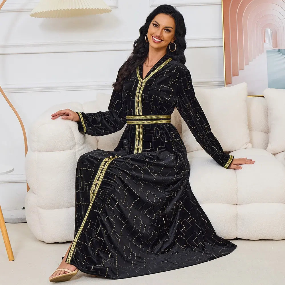 Autumn Winter Velvet Black Long Dress Gold Stamping Long Sleeve V Collar Belted Abaya Jalabiyat Moroccan Dubai Kaftan