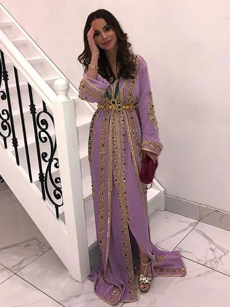 Lavender Moroccan caftan Evening Dresse Long Sleevees Lace Muslim Special Occasion Dress Luxurious Crystal Party Gown Lavender as photos