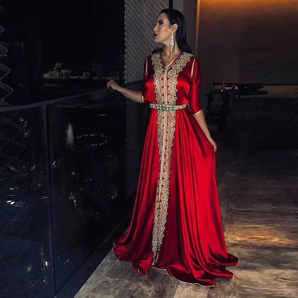 Red Muslim Evening Dress Satin Moroccan Kaftan Gold Lace Half Sleeve Saudi Arabic Special Occasion Party Dress Custom Made