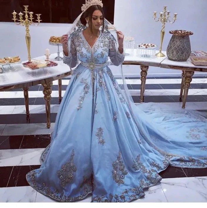 Blue Moroccan caftan Evening Dresses V Neck Appliques Mother Dress Arabic Muslim Special Occasion Dresses Party Gowns Blue