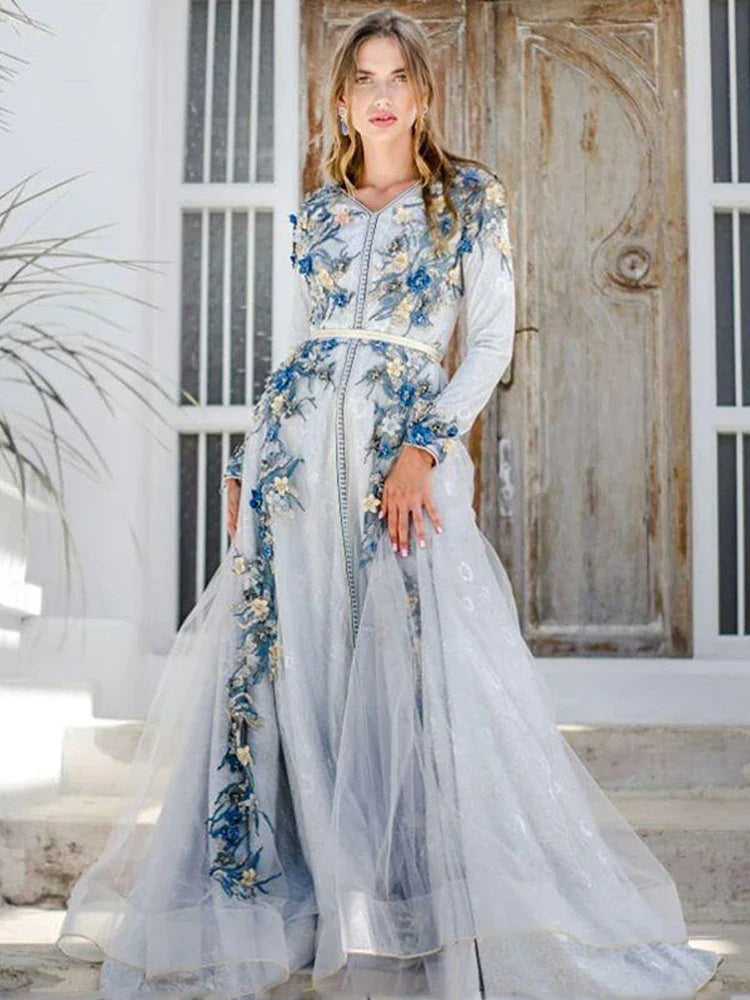 Moroccan caftan Sky Blue Evening Dresses 3D F lowers Arabic Muslim Special Occasion Dress Evening Party Gowns Picture color