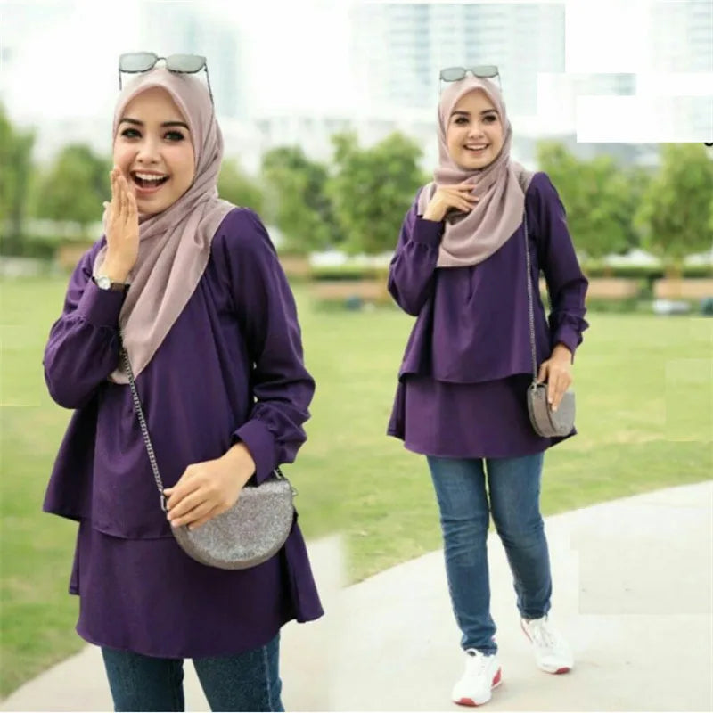 Fashion Muslim Women Long Sleeve Casual Blouse Tunic Female Kaftan Shirt Tops Islamic Clothing Arabic Turkish Loose Middle East 04 Dark Purple