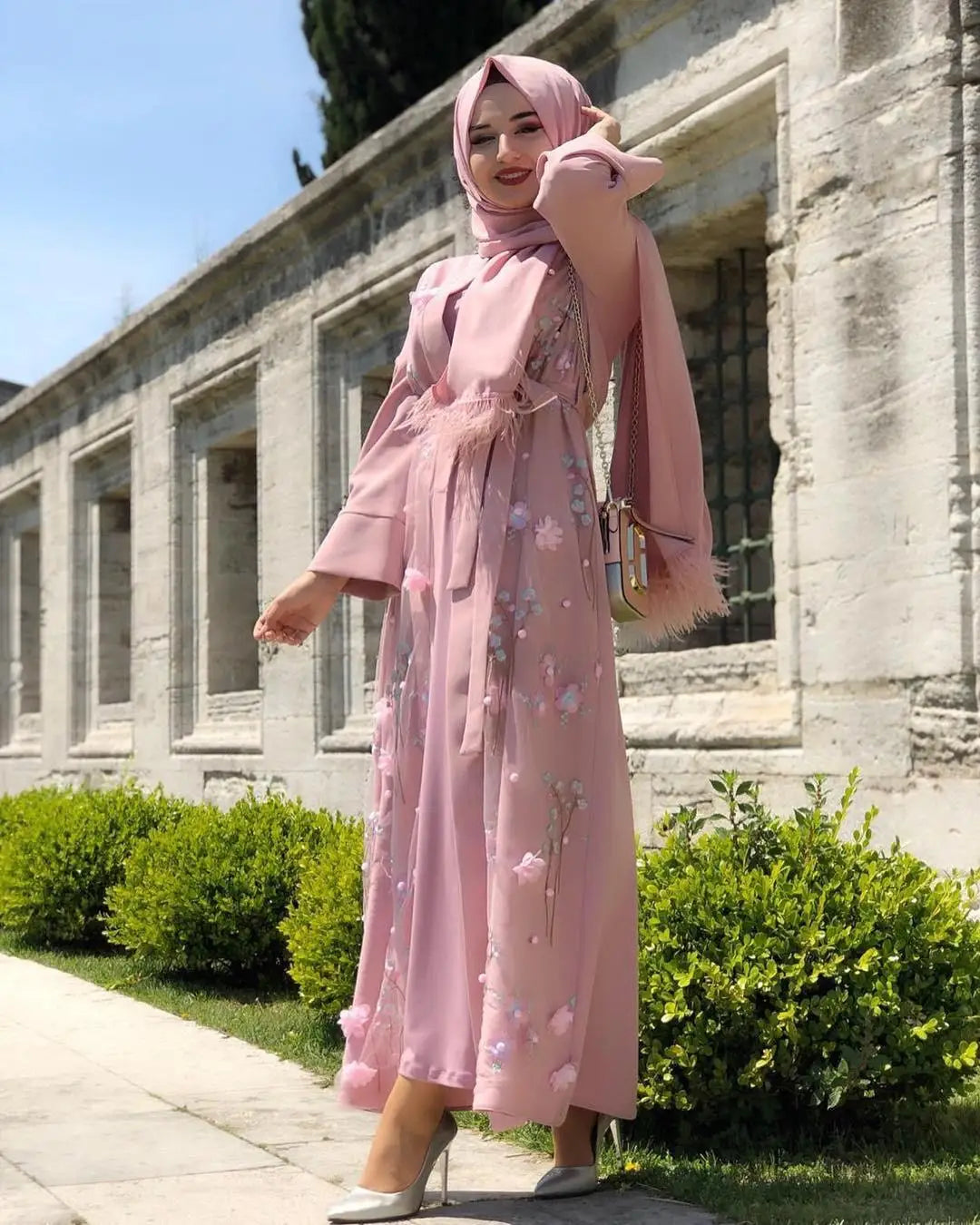 Ramadan Eid Women Muslim Open Cardigan Embroidery Dress Abayas Dubai Islam Kimono Clothing Robe Arab Turkey Kaftan Kaftan Caftan 01 pink