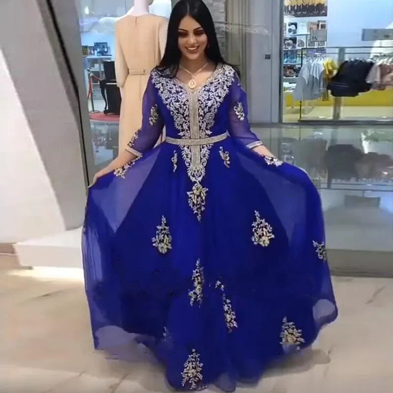 Royal Blue Moroccan Kaftan Evening Dresses 3/4 Sleeves Appliques Arabic Pleat Special Occasion Muslim Formal Party Gowns Royal Blue