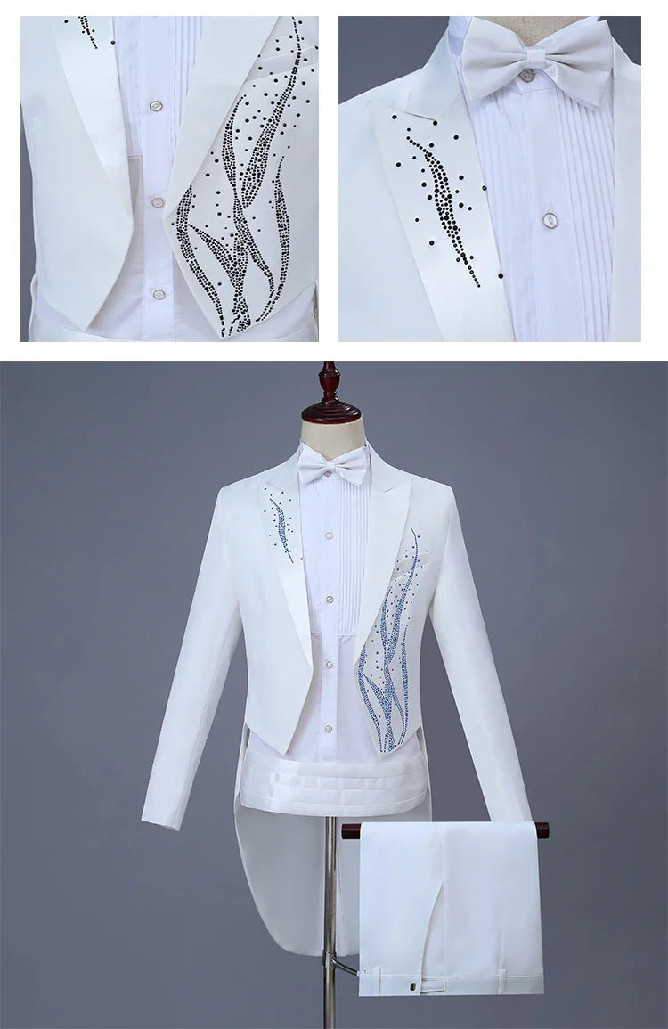 White Tuxedo Male Swallowtail Suits Crystal Blazers Trousers Singer Costume Prom Host Magician Chorus Stage Performance 2 Piece