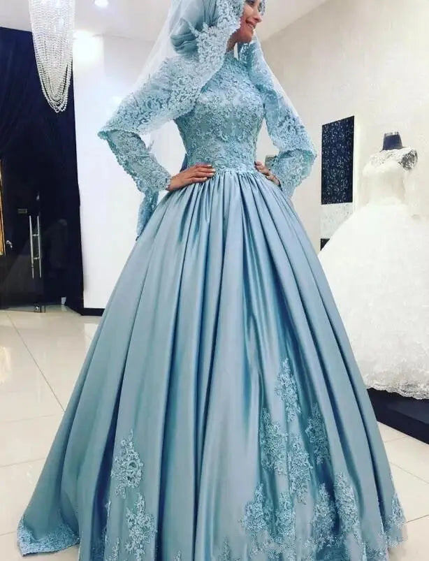 Elegant Ball Gown Wedding Dresses Muslim Long Sleeve Beading Appliques Lace Bridal Dresses Satin mariage Wedding Gowns