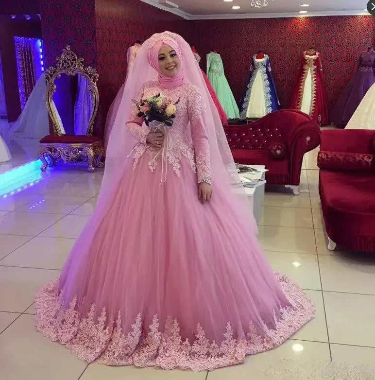 Vestido De Noiva Pink Muslim Wedding Dresses Ball Gown Long Sleeves Tulle Lace Dubai Arabic Wedding Gown Bridal Dress Pink