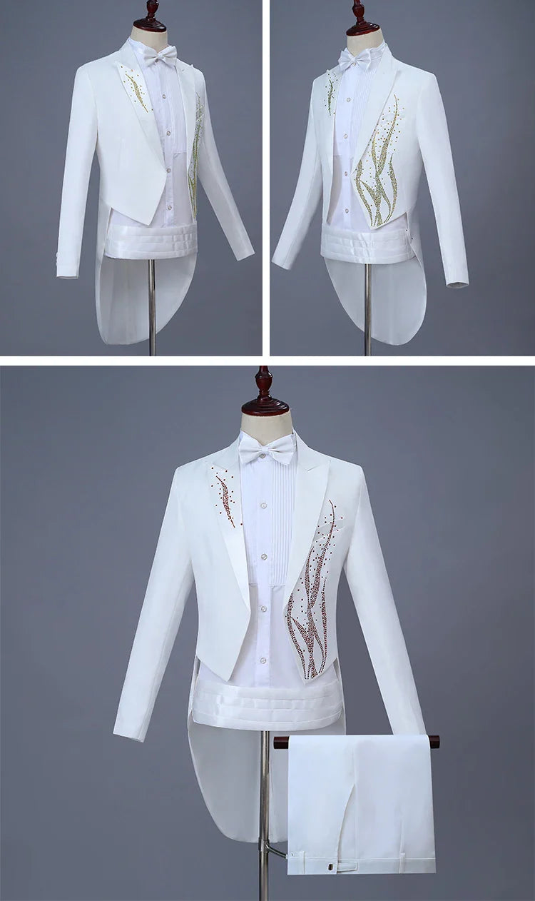 White Tuxedo Male Swallowtail Suits Crystal Blazers Trousers Singer Costume Prom Host Magician Chorus Stage Performance 2 Piece