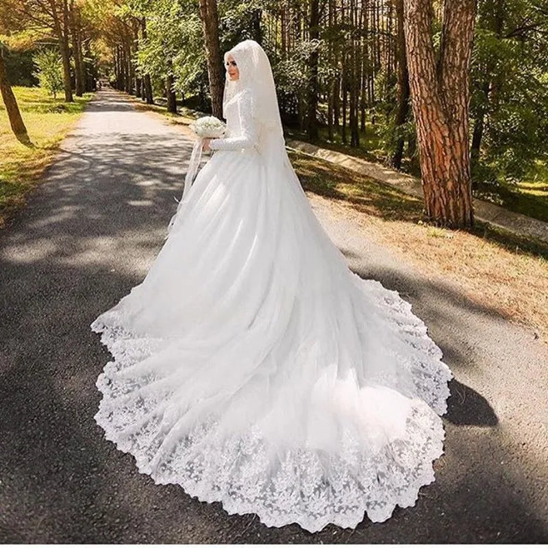 Vinca sunny Muslim Wedding Dresses Long Sleeve De Noiva Robe De Mariage Arabic Luxury Long Trail Lace Bridal Dress Wedding Gown Ivory