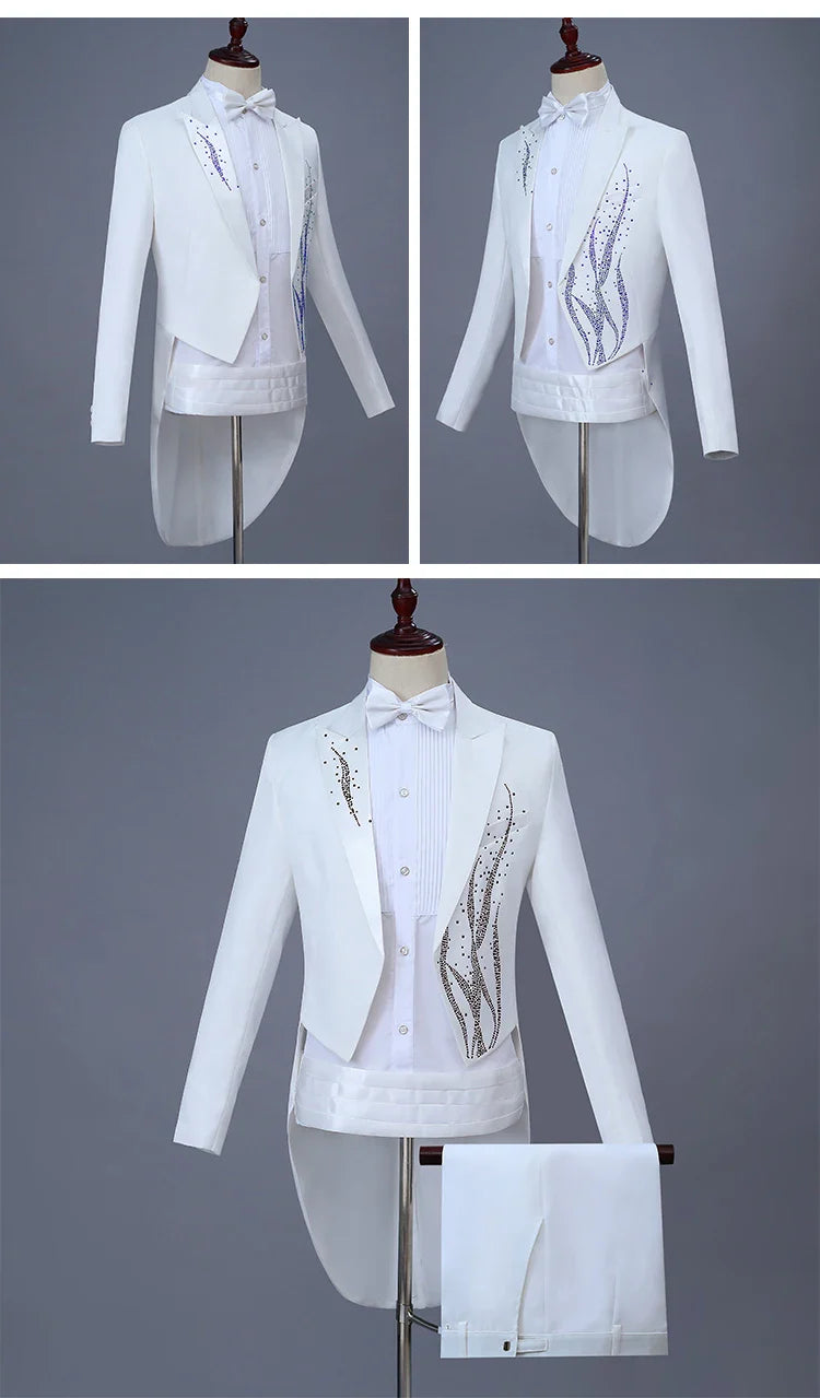 White Tuxedo Male Swallowtail Suits Crystal Blazers Trousers Singer Costume Prom Host Magician Chorus Stage Performance 2 Piece