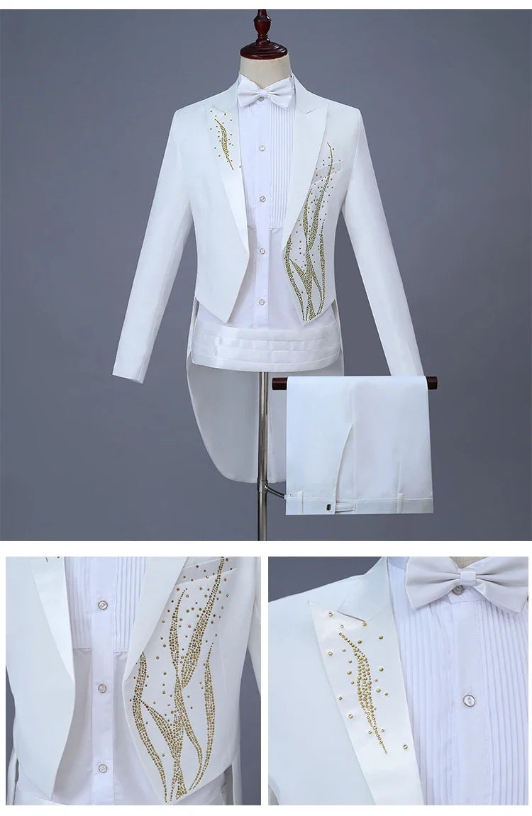 White Tuxedo Male Swallowtail Suits Crystal Blazers Trousers Singer Costume Prom Host Magician Chorus Stage Performance 2 Piece