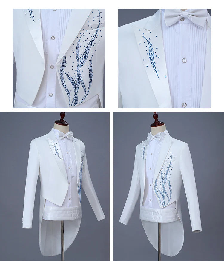 White Tuxedo Male Swallowtail Suits Crystal Blazers Trousers Singer Costume Prom Host Magician Chorus Stage Performance 2 Piece