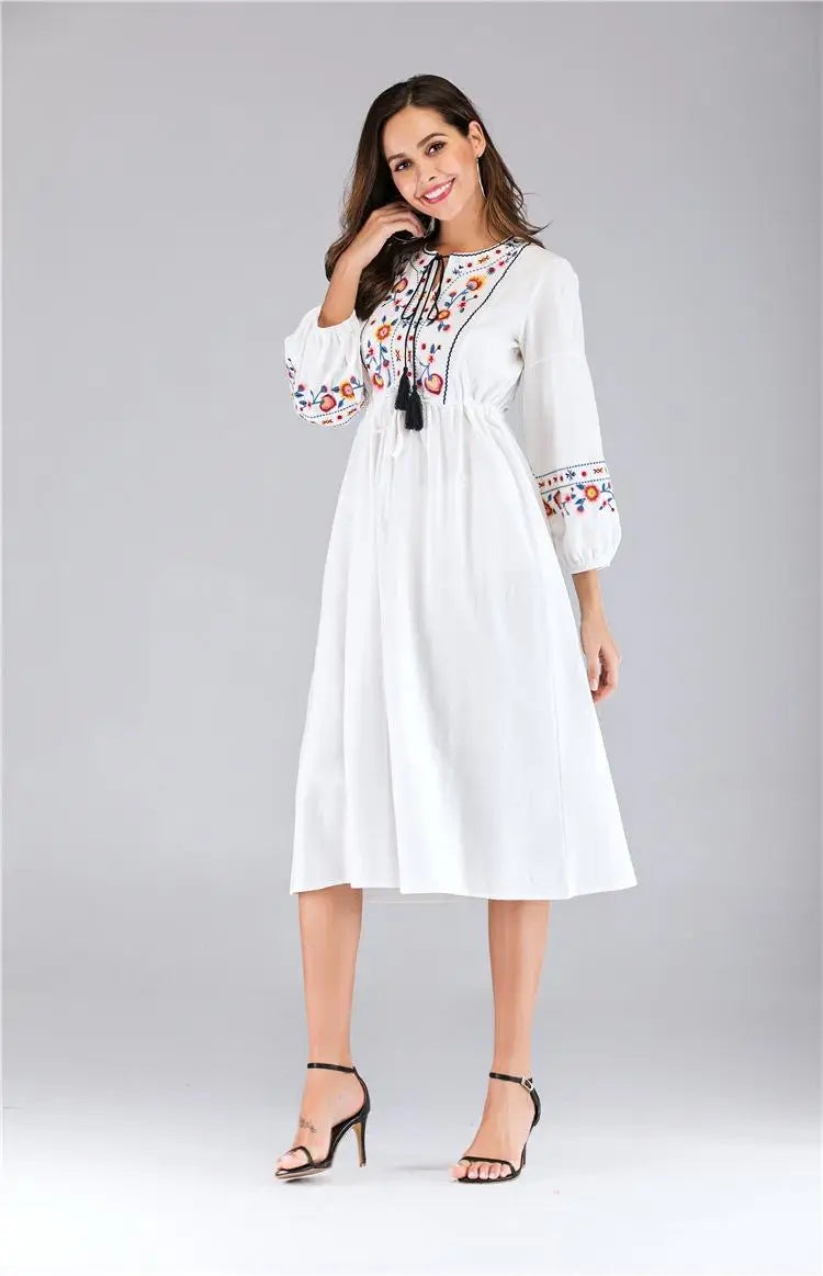 Ukrainian Embroidered Dress Vyshyvanka Lace UP Boho Ethnic Summer Ladies Women Hippie Dresses Hoilday Fashion